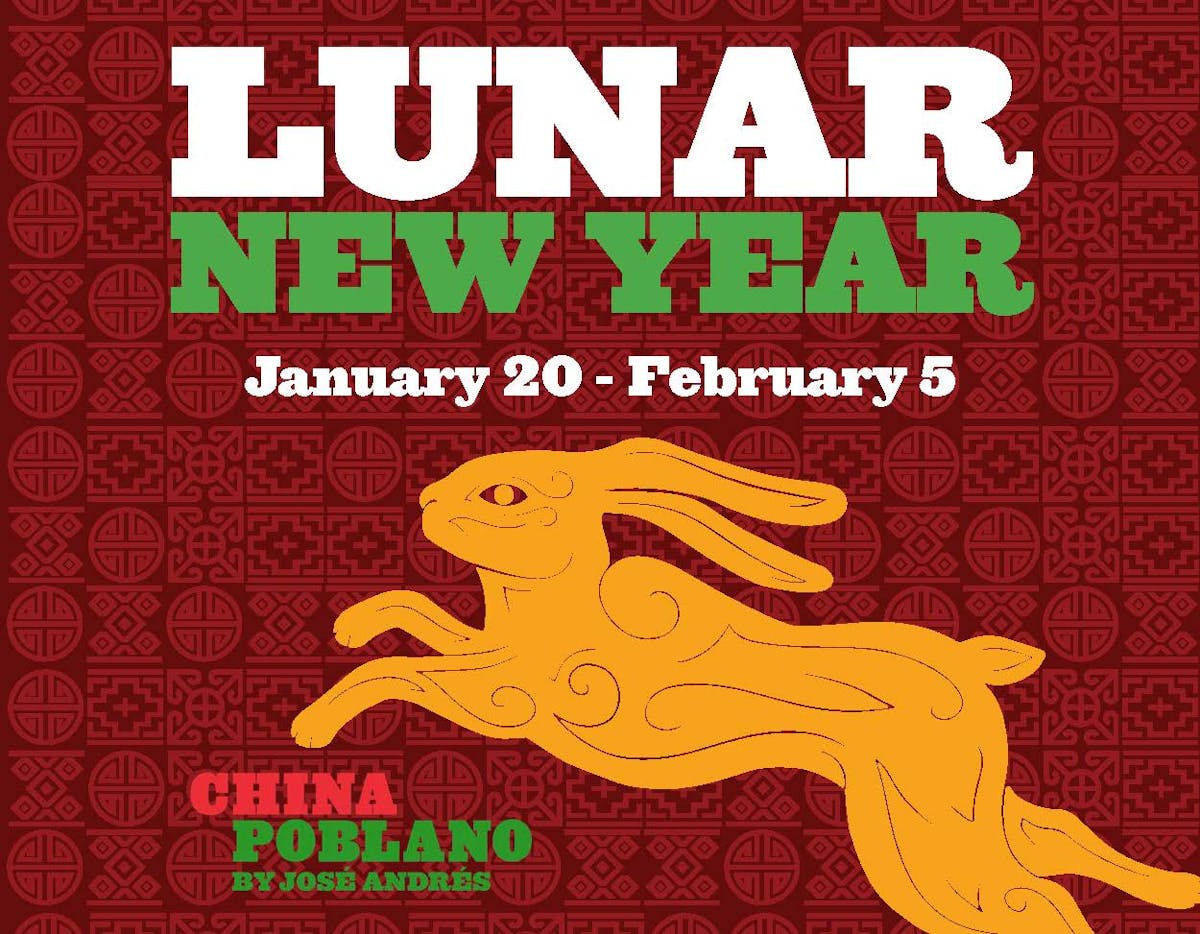 Graphic of a leaping rabbit featuring the text Lunar New Year January 20 - February 5 China Poblano