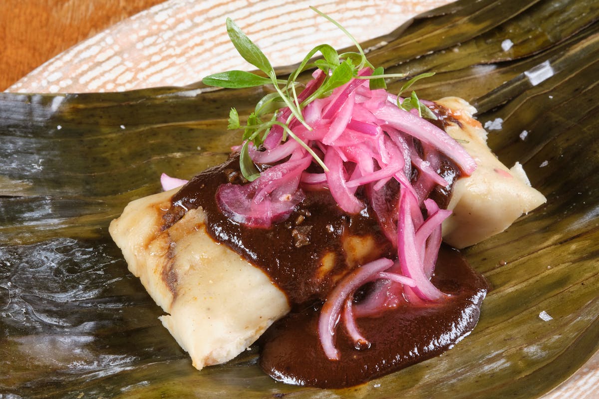 a close up of a tamal with brown sauce, pickled onions, and microgreens.