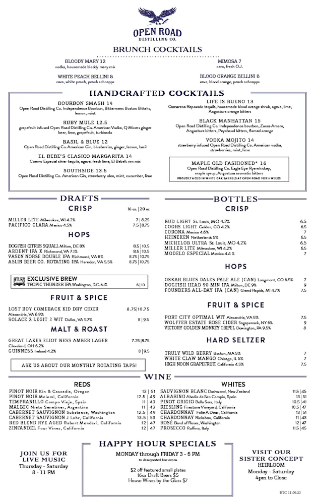 Direction Menu Open Road Reston - Restaurant & Bar