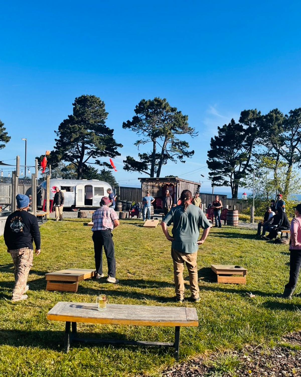 a group of people standing in a park