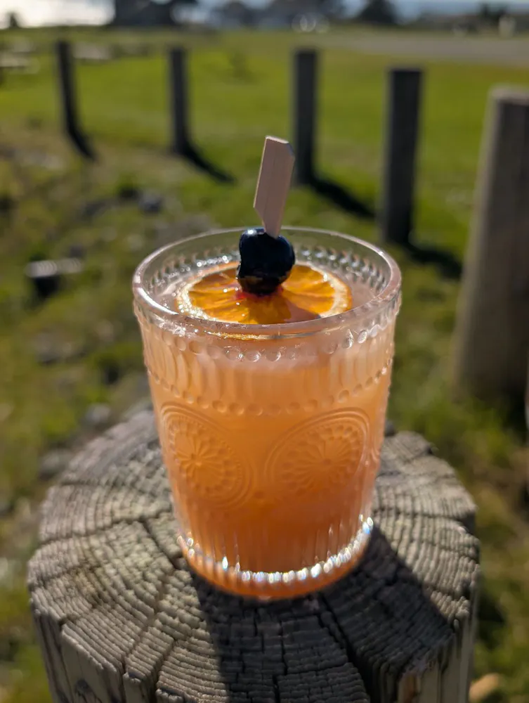 a glass of orange drink with a fruit on top