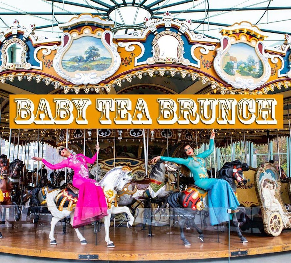 Baby Tea Brunch poster, two people on a carousel 