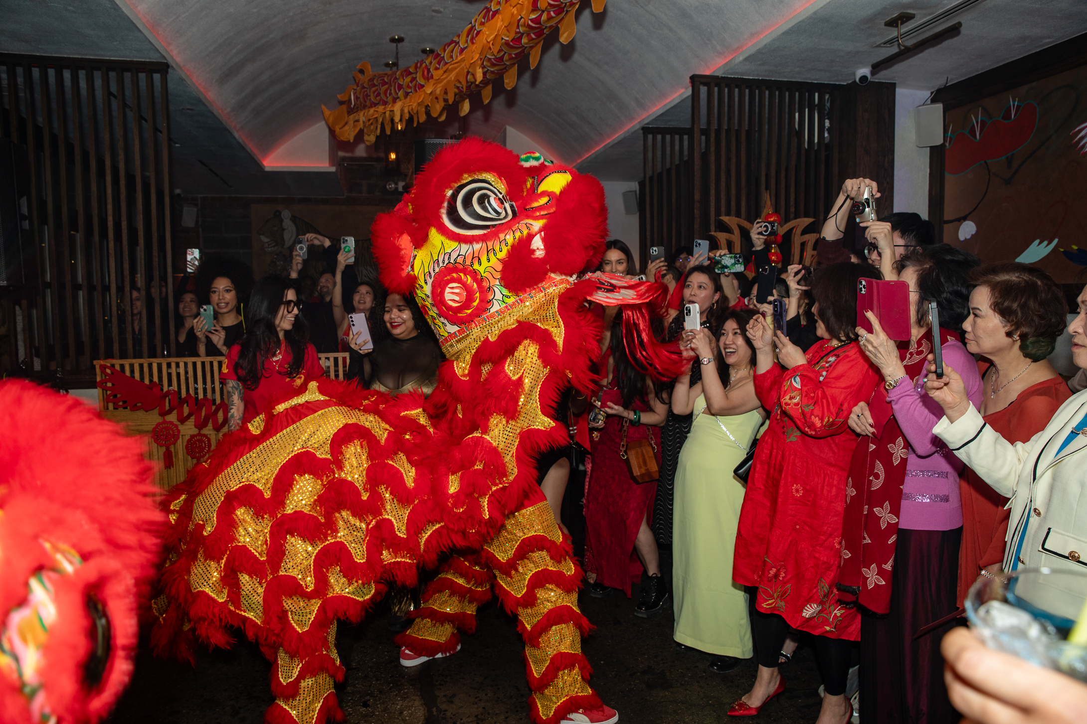 a group of people taking pictures of a lion dance