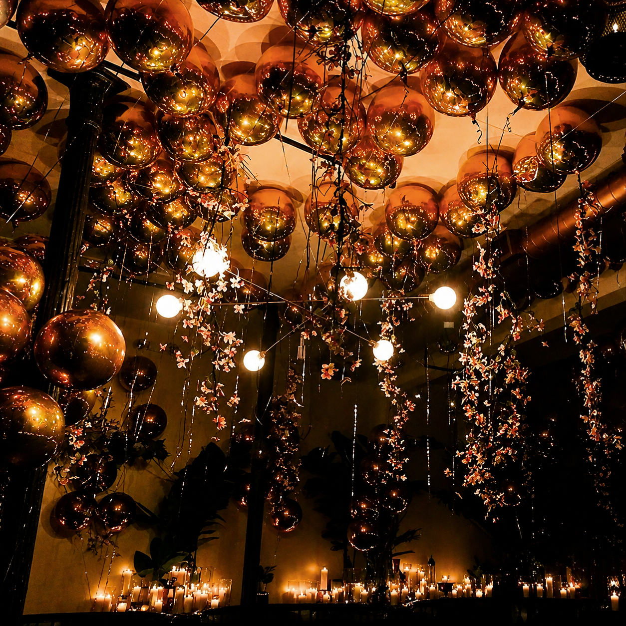 a room with lots of balloons from ceiling