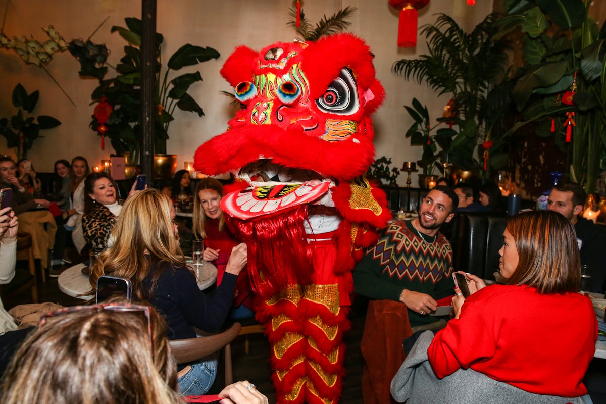 a red Chinese dragon entertaining a group of people in a dining room