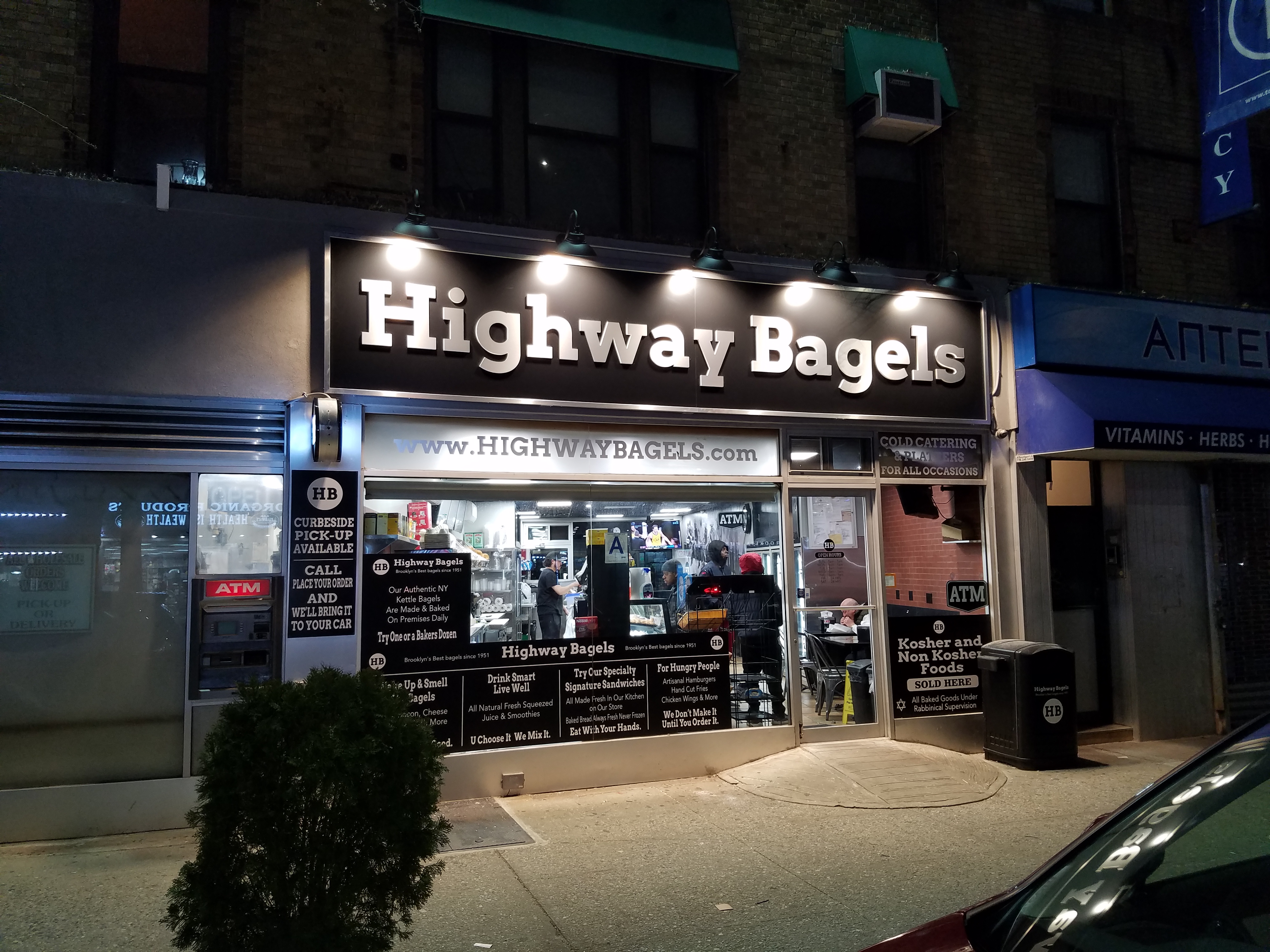 a store front at night