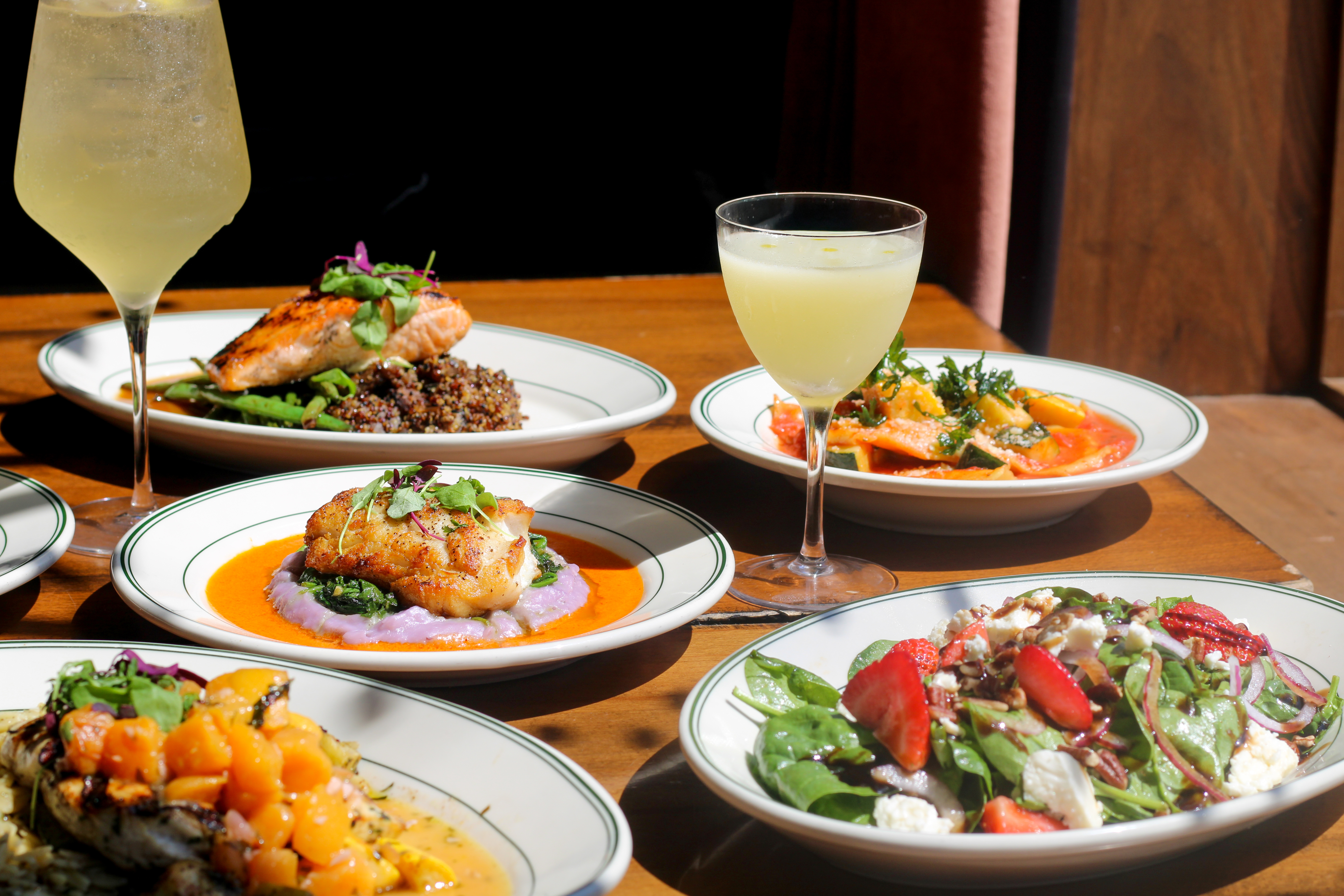 cocktail, salad, salmon dish at by the way