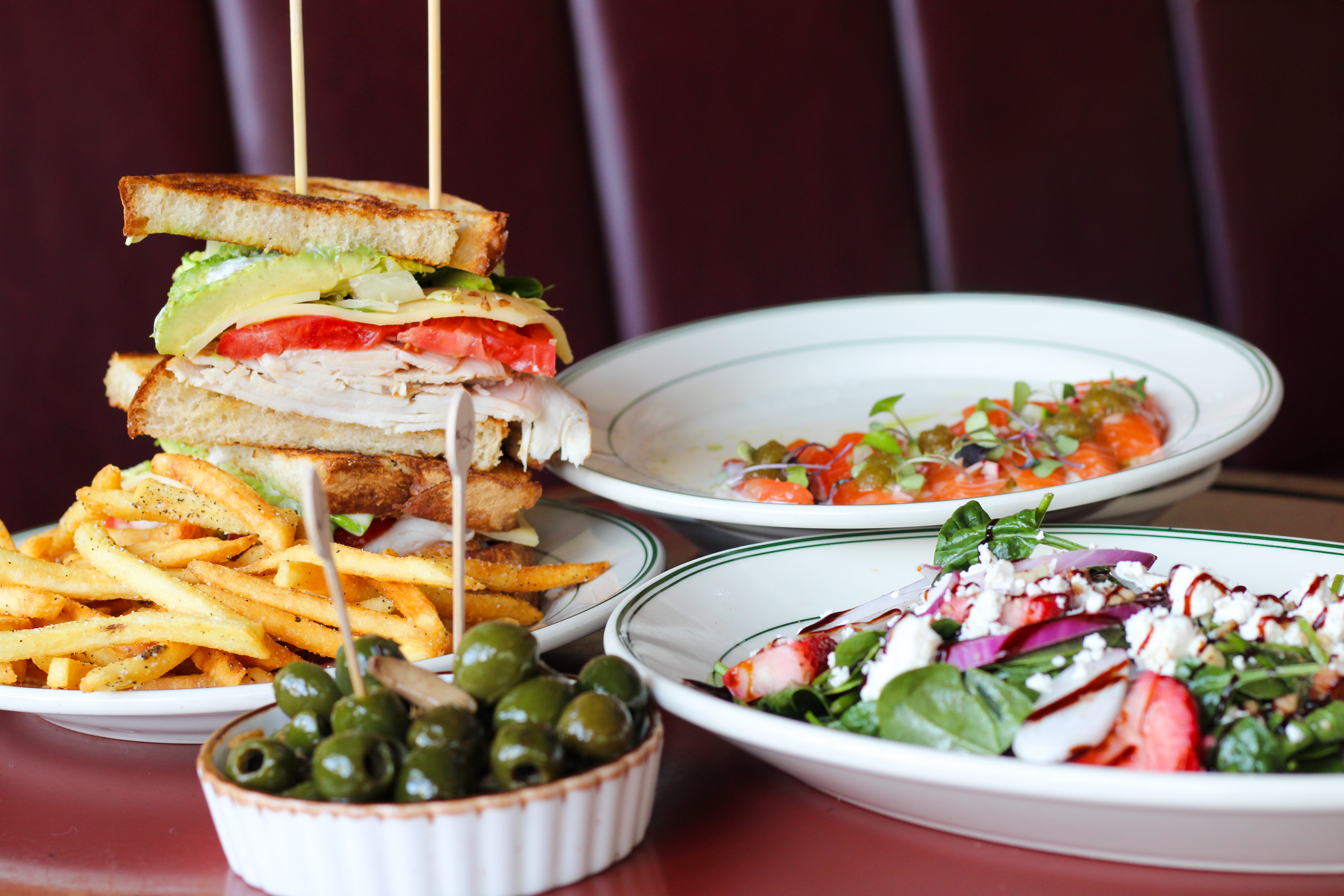 olives turkey club summer salad salmon crudo