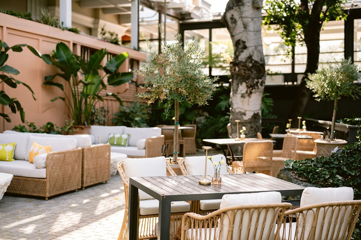 a dining table in a garden