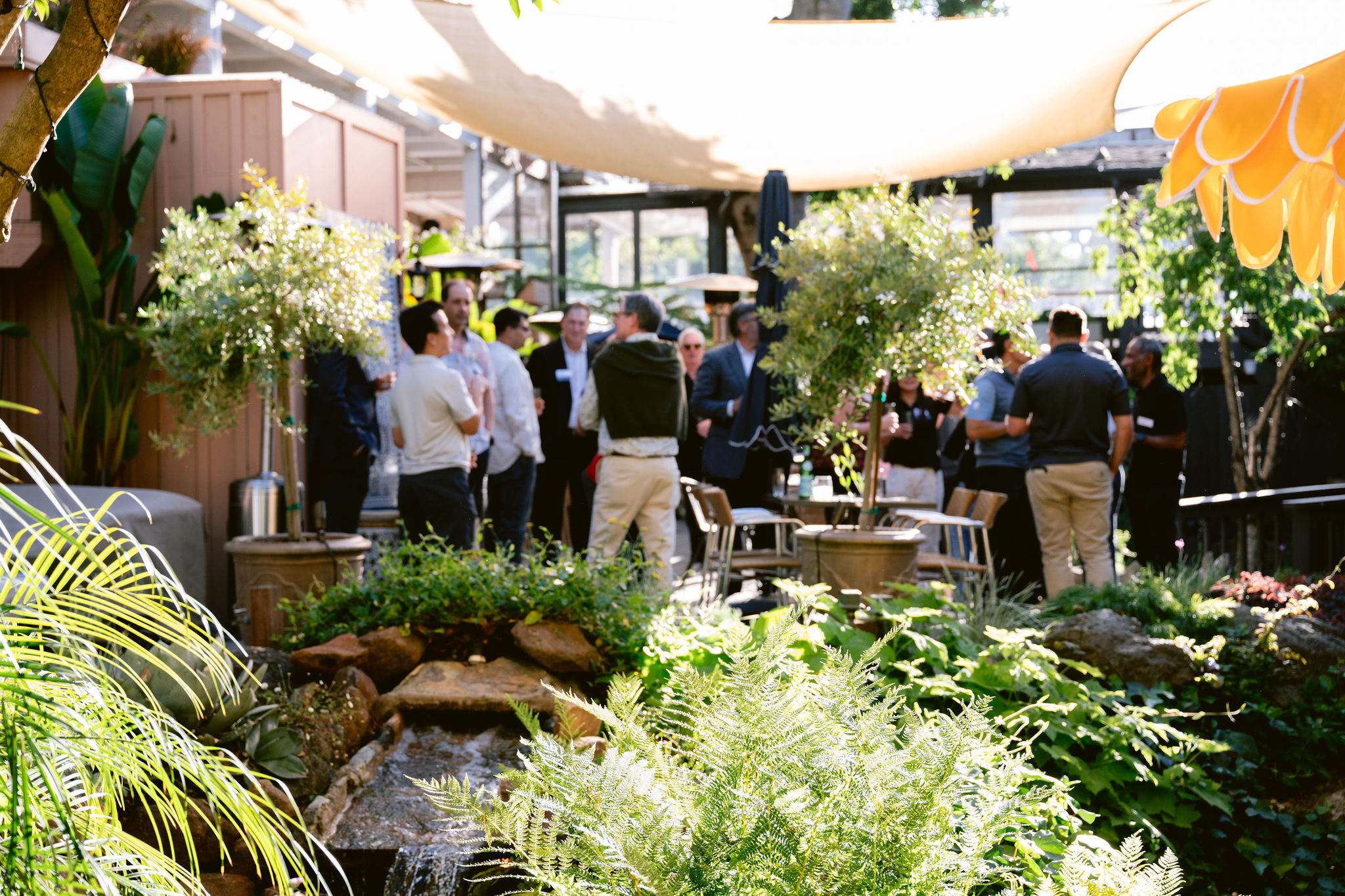a group of people standing in a garden