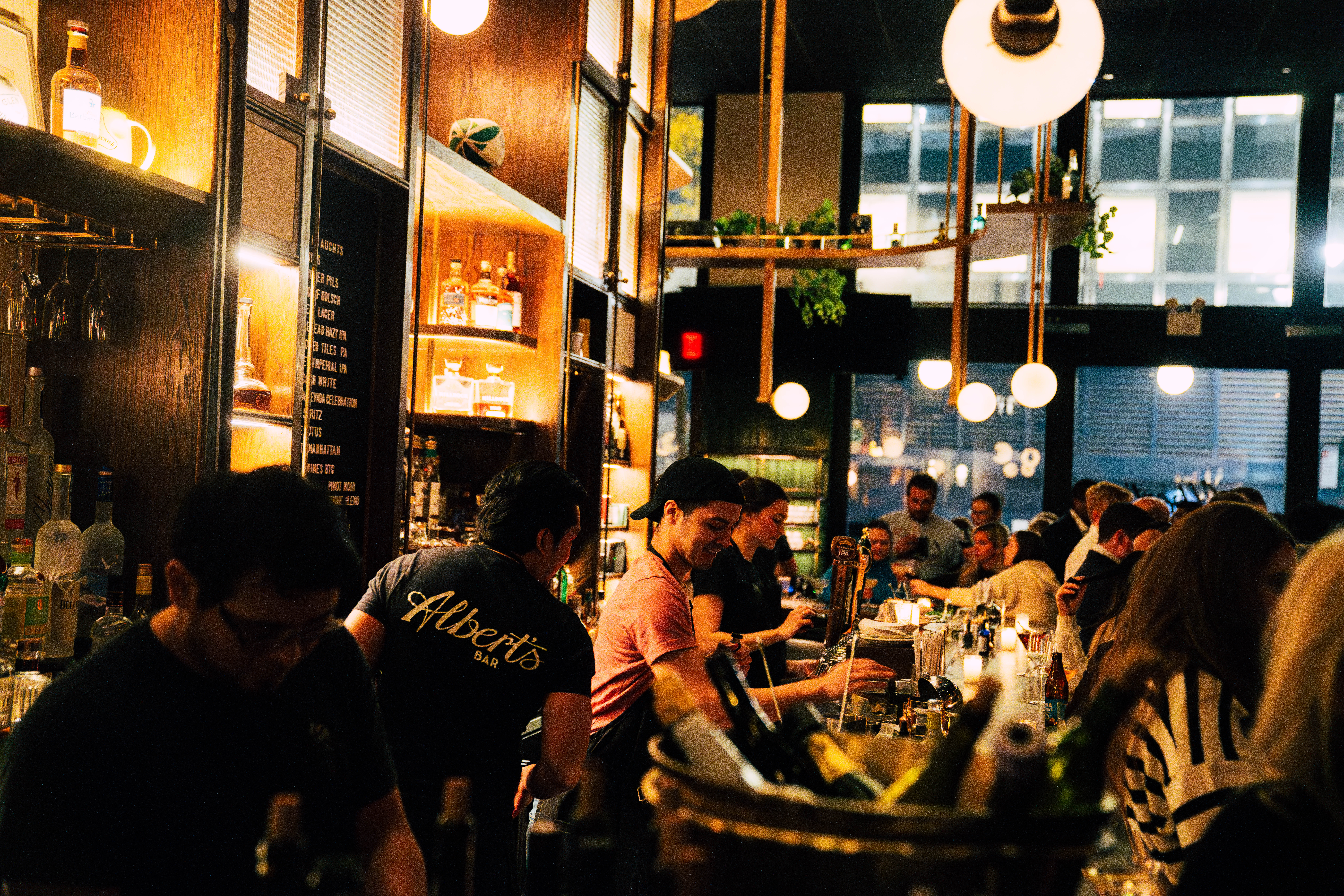 a group of people in a restaurant