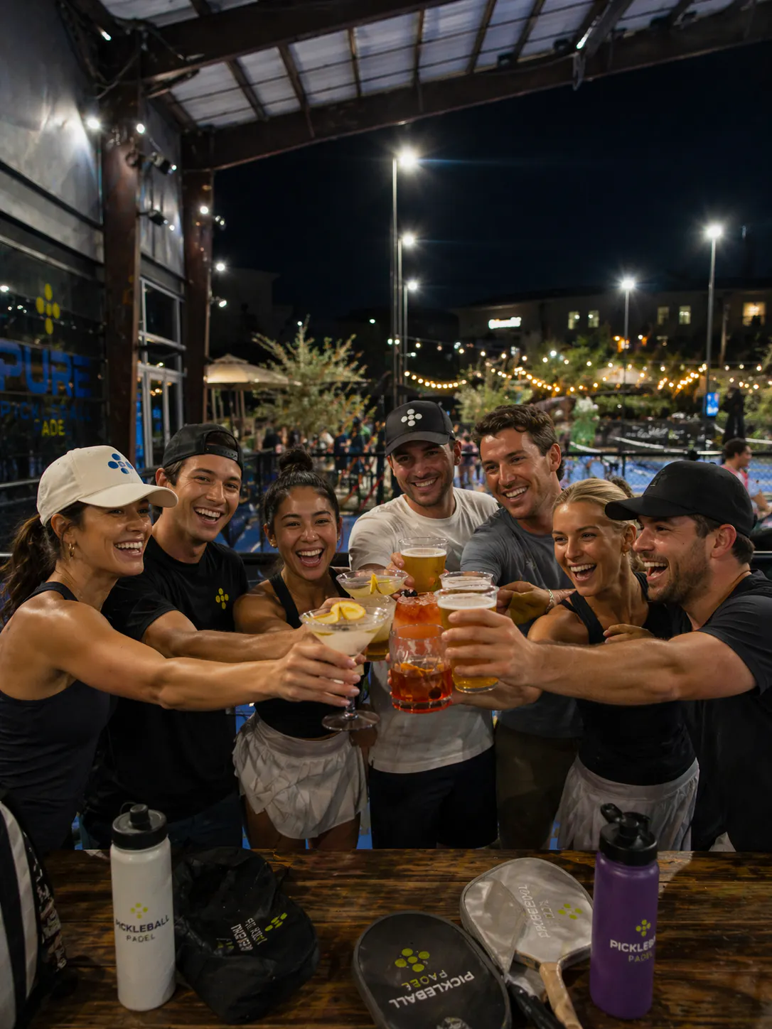 Group toasting drinks at Dink & Dine Pickle Park
