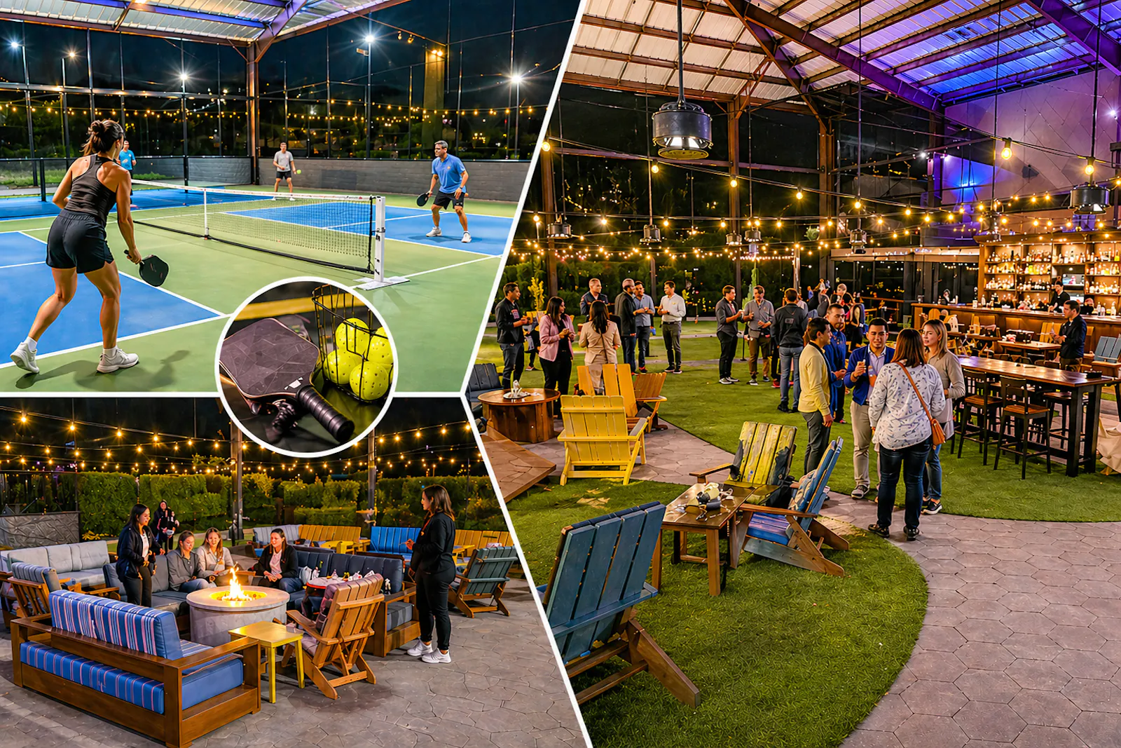 Covered misted cornhole lawn at Pickle Park with jumbo TV screen and live music stage at Dink & Dine Pickle Park