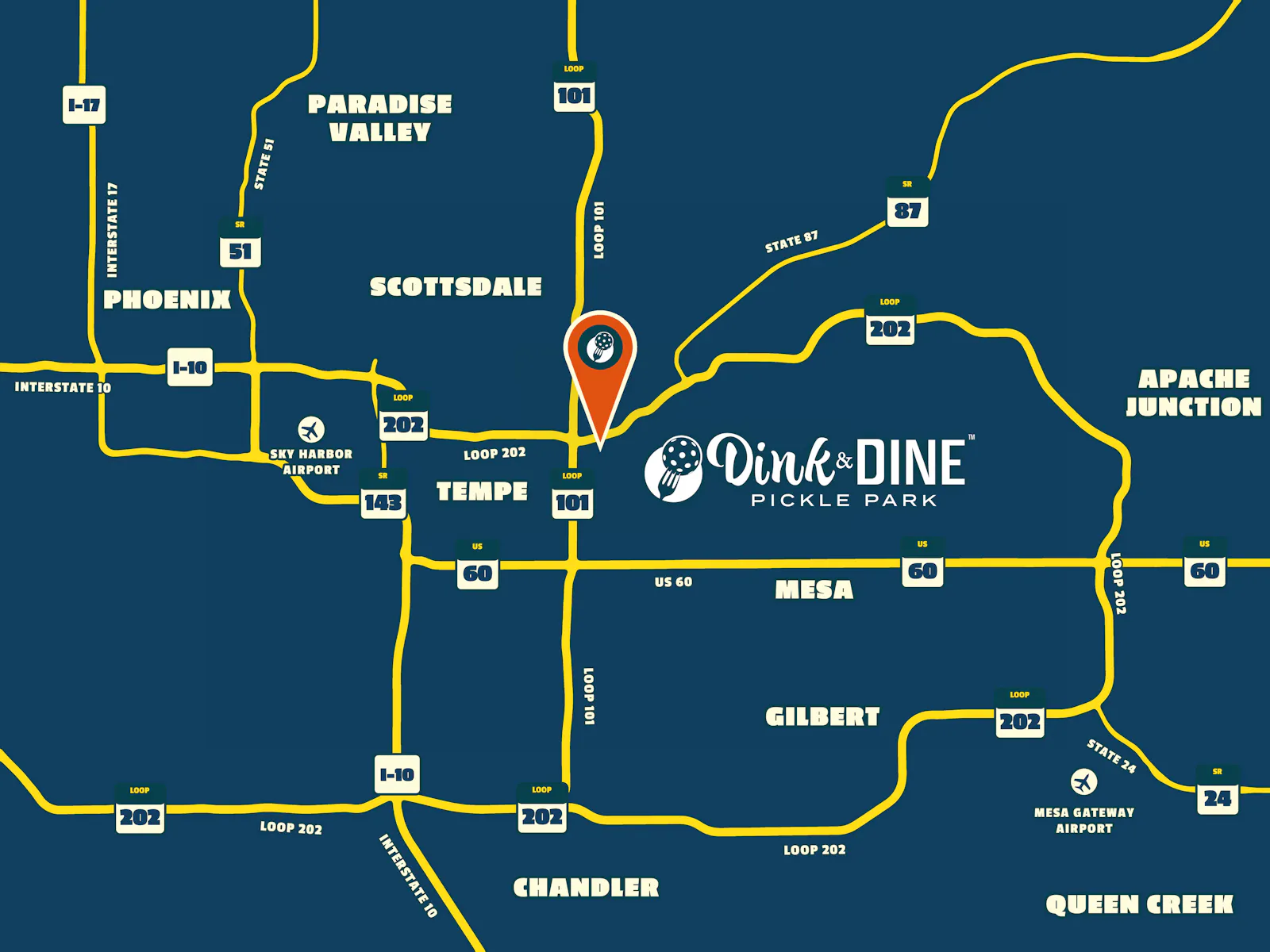 Map showing Dink and Dine Pickle Park at 1017 N Dobson Rd in Mesa, Arizona, near Loop 101 and Loop 202