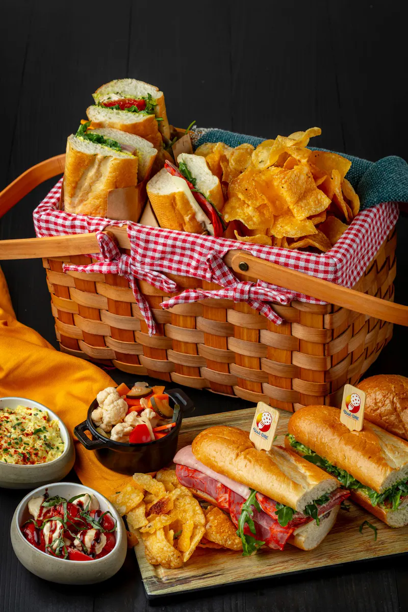 Picnic basket with a red gingham napkin for The Picnic Basket catering package at Dink & Dine Pickle Park