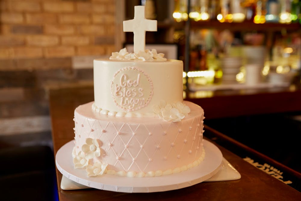 a wedding cake sitting on top of a table