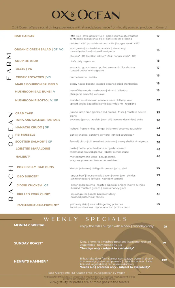 Menus | Ox and Ocean in Oxnard, CA