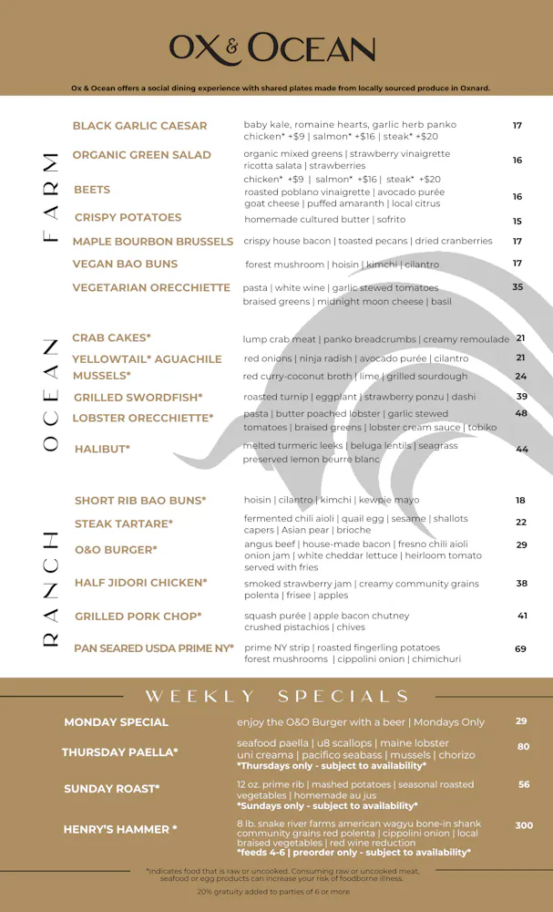 Menus | Ox and Ocean in Oxnard, CA
