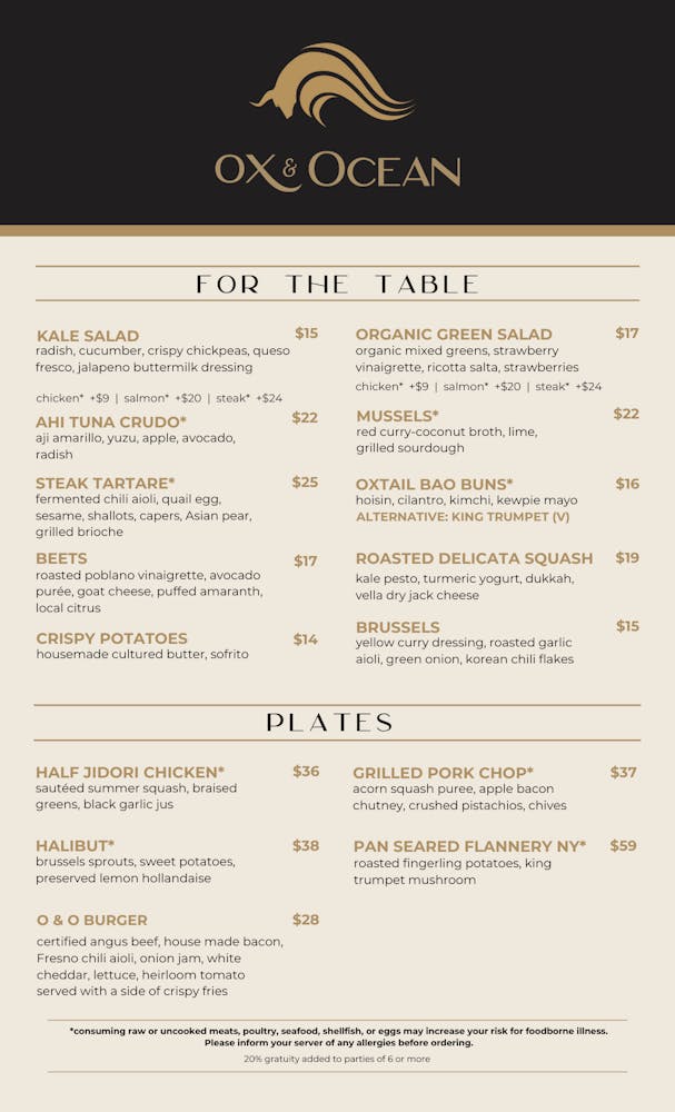 Menus Ox and Ocean in Oxnard, CA