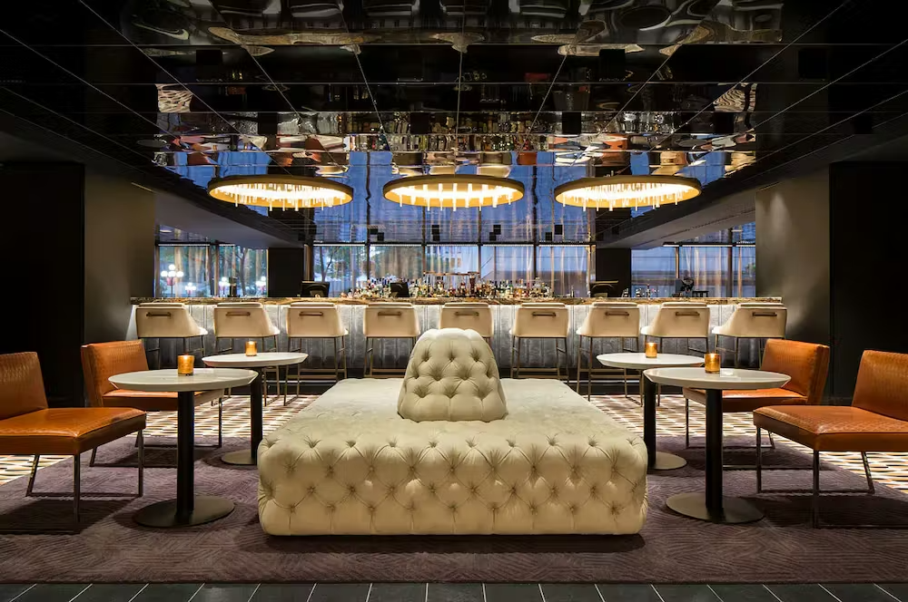 a large room with tables and chairs