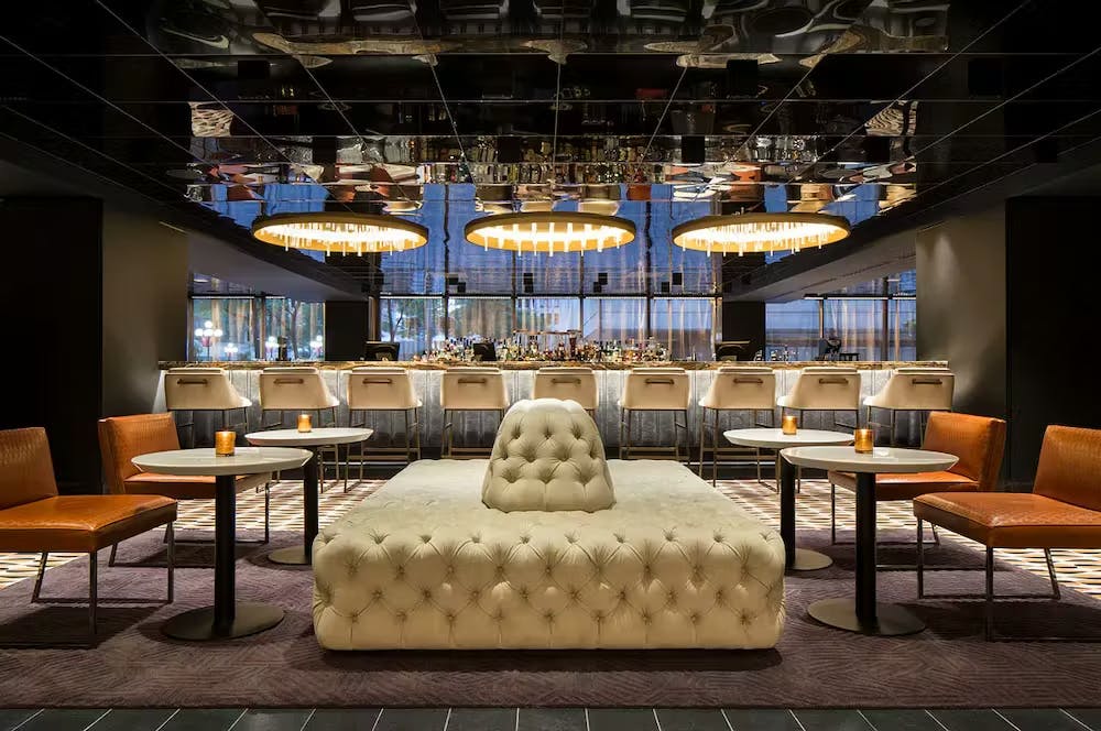 a large room with tables and chairs