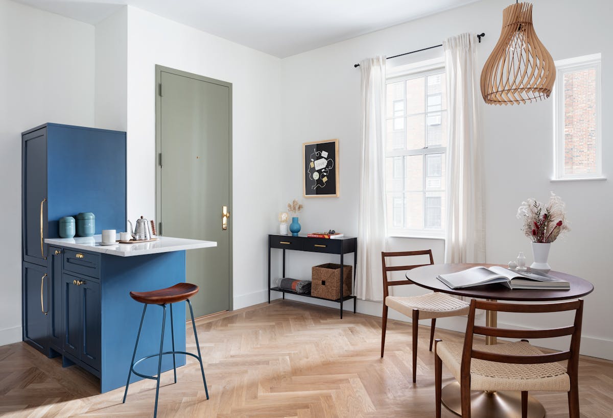a living room with a wooden floor