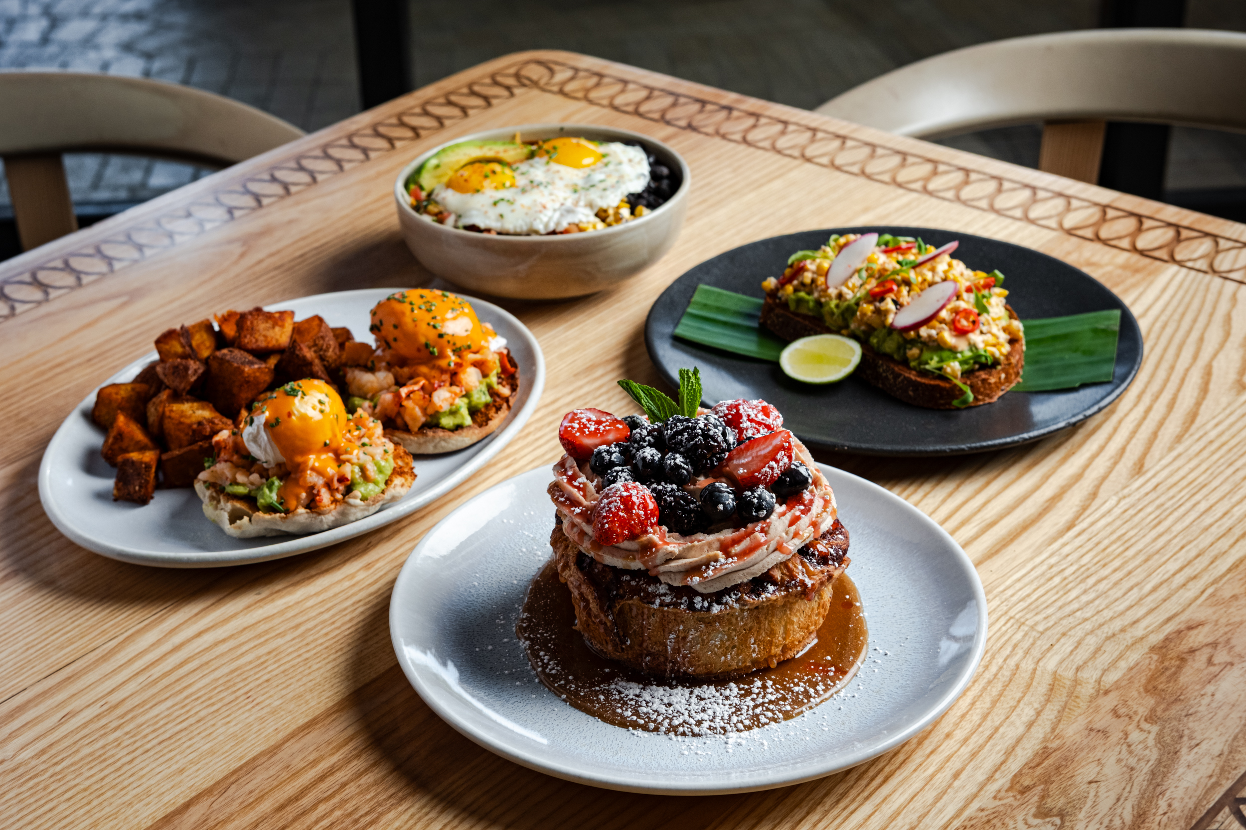 New brunch menu items at Mijo Modern Mexican including Sticky Cinnabun, Lobster Benedictinos, Protein Bowl, and Elote Avocado Toast in Las Vegas.