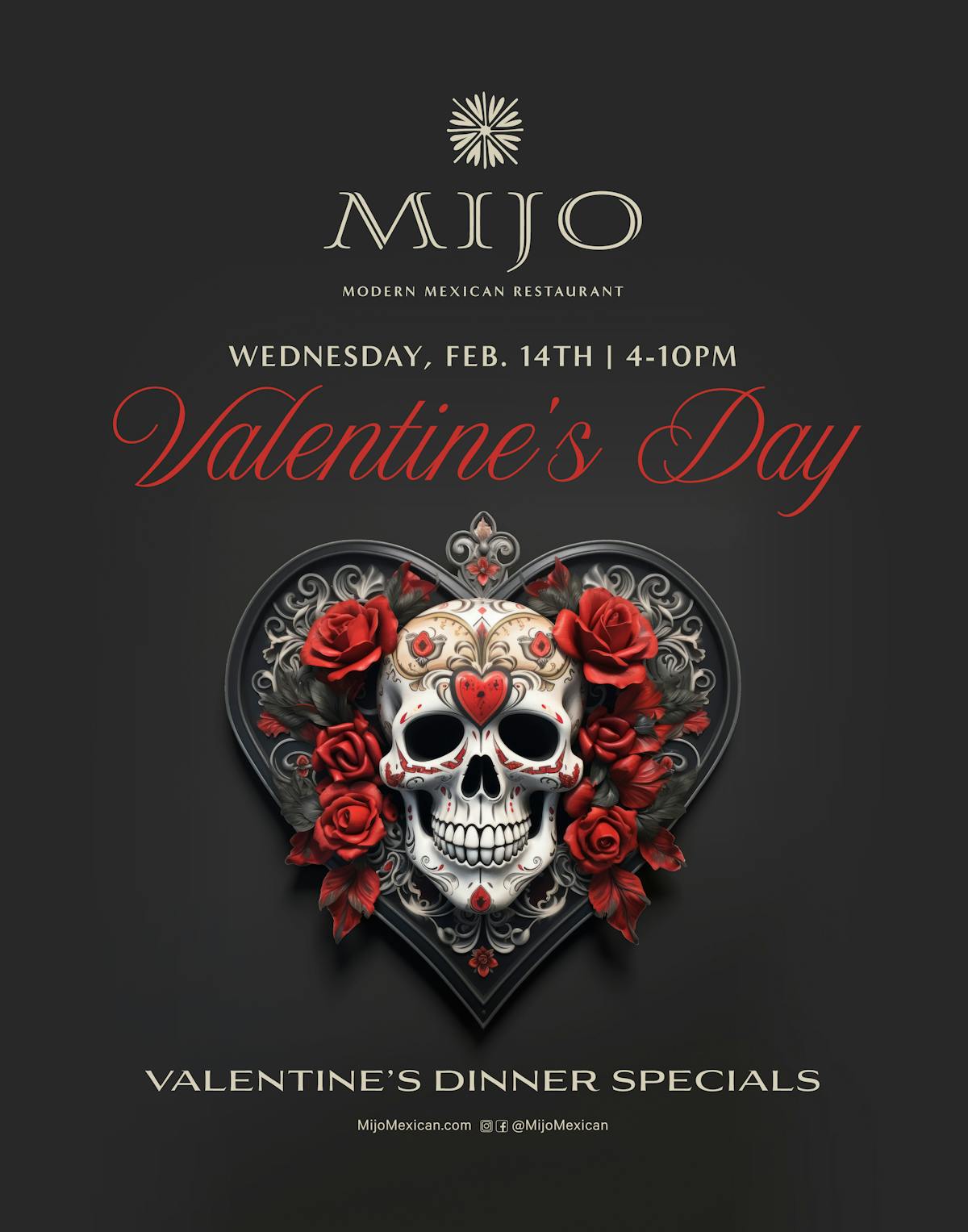 the flyer for the Summerlin Mexican Restaurant Mijo at Durango Resort for Valentines Day Specials