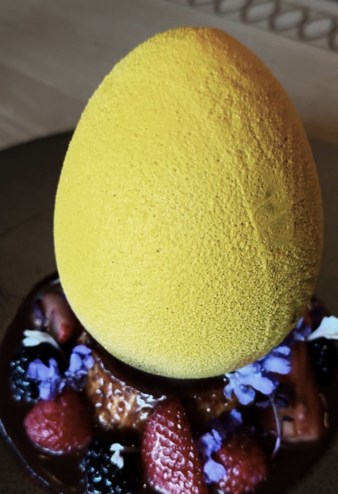 a photo of the easter egg dessert at the Las Vegas Mexican Restaurant, Mijo