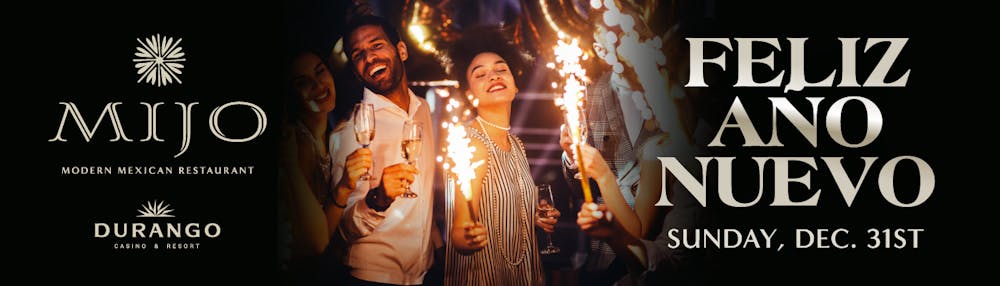 Flyer for NYE at Mijo Modern Mexican, a couple holding sparklers