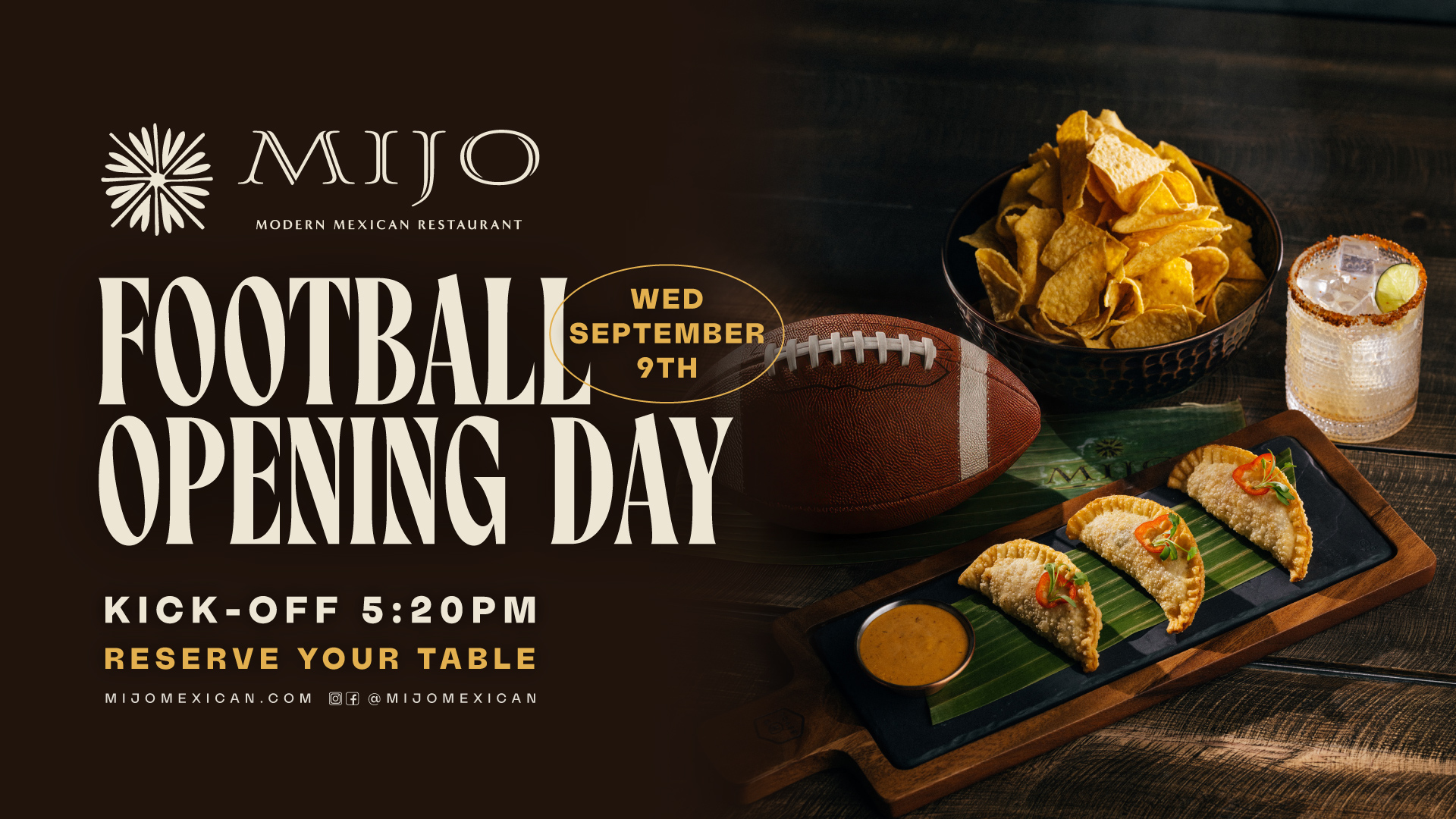 Football Opening Day at Mijo Modern Mexican Restaurant in Las Vegas on September 9 with game day food, cocktails and kickoff at 5:20pm