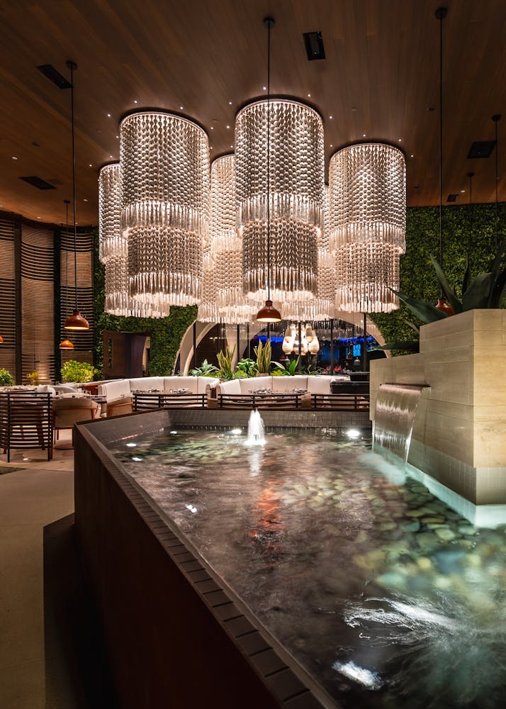 inside patio of Mijo's Modern Mexican Restaurant showing a founatain.