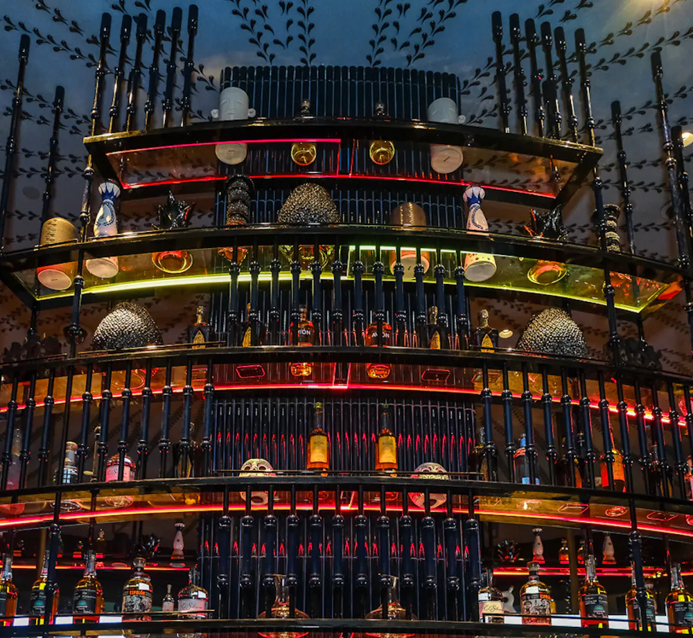 Luxury tequila display inside Mijo Modern Mexican, a Mexican restaurant in Las Vegas featuring premium spirits, handcrafted cocktails, and the best margarita Las Vegas experience.