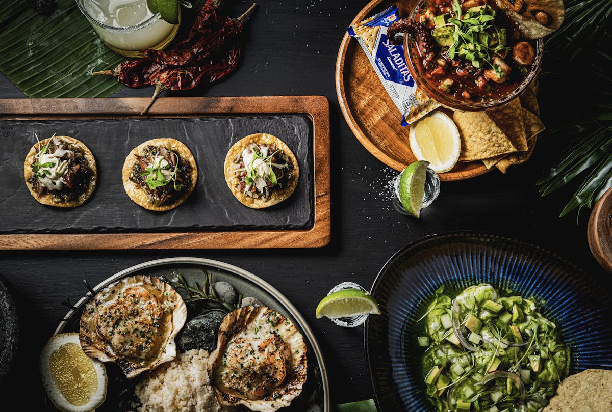 a bunch of different types of food on a table