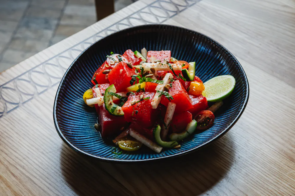 Watermelon Salad at Mijo Modern Mexican, featuring fresh seasonal ingredients and bold flavors for Summerlin brunch and Las Vegas Mexican food enthusiasts.