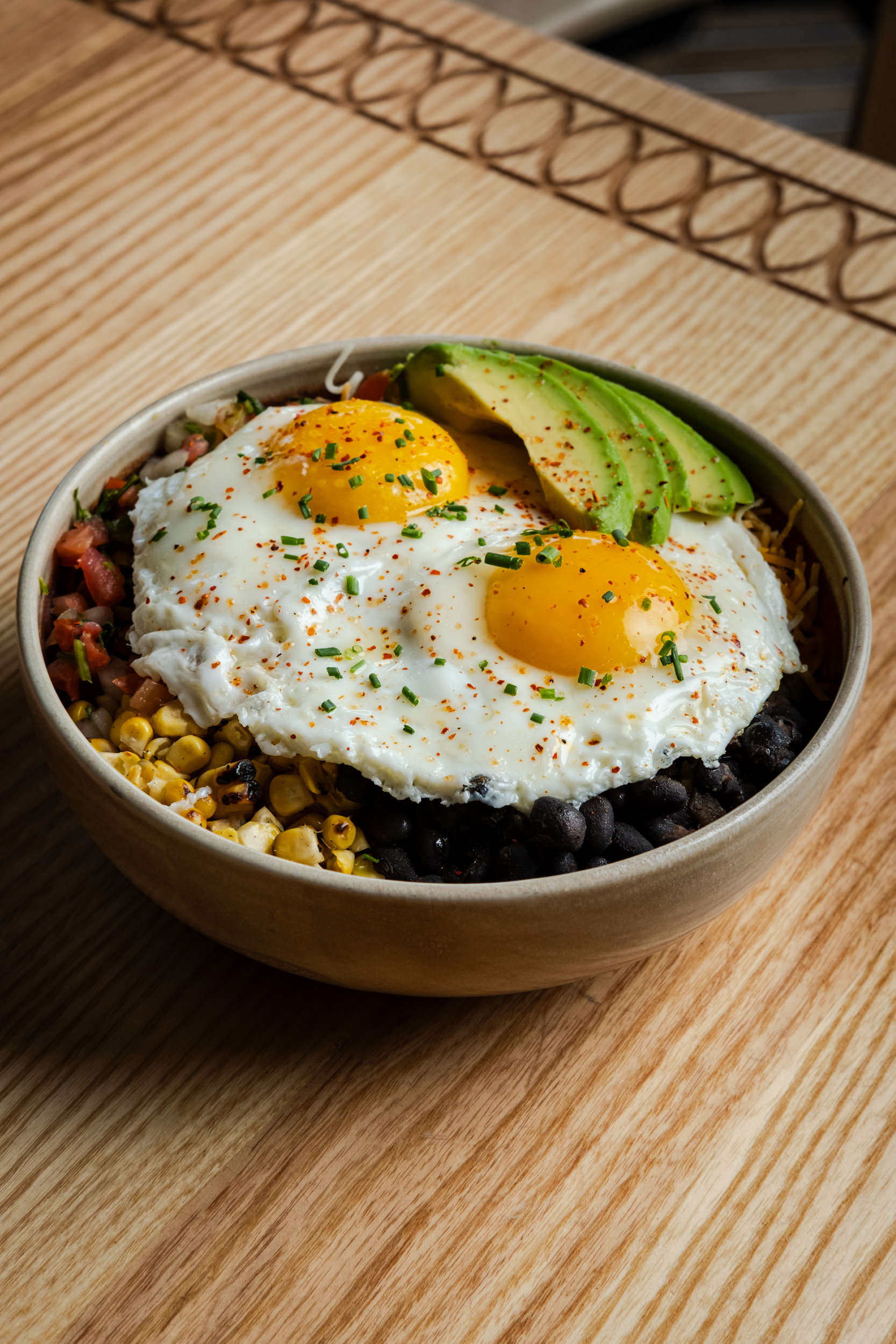 Protein Bowl with eggs, avocado, black beans, and rice at Mijo Modern Mexican, a healthy Vegas Mexican brunch option.