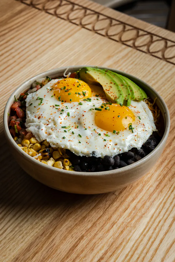 Protein Bowl with eggs, avocado, black beans, and rice at Mijo Modern Mexican, a healthy Vegas Mexican brunch option.