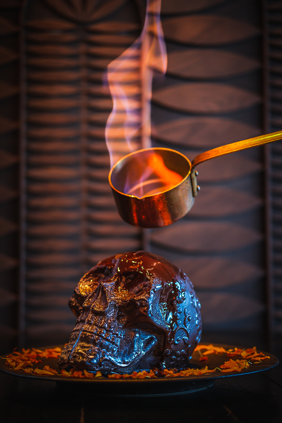 Flaming Diablo Skull En Fuego dessert with chocolate mocha sauce and fire presentation at Mijo Modern Mexican Las Vegas Mexican restaurant