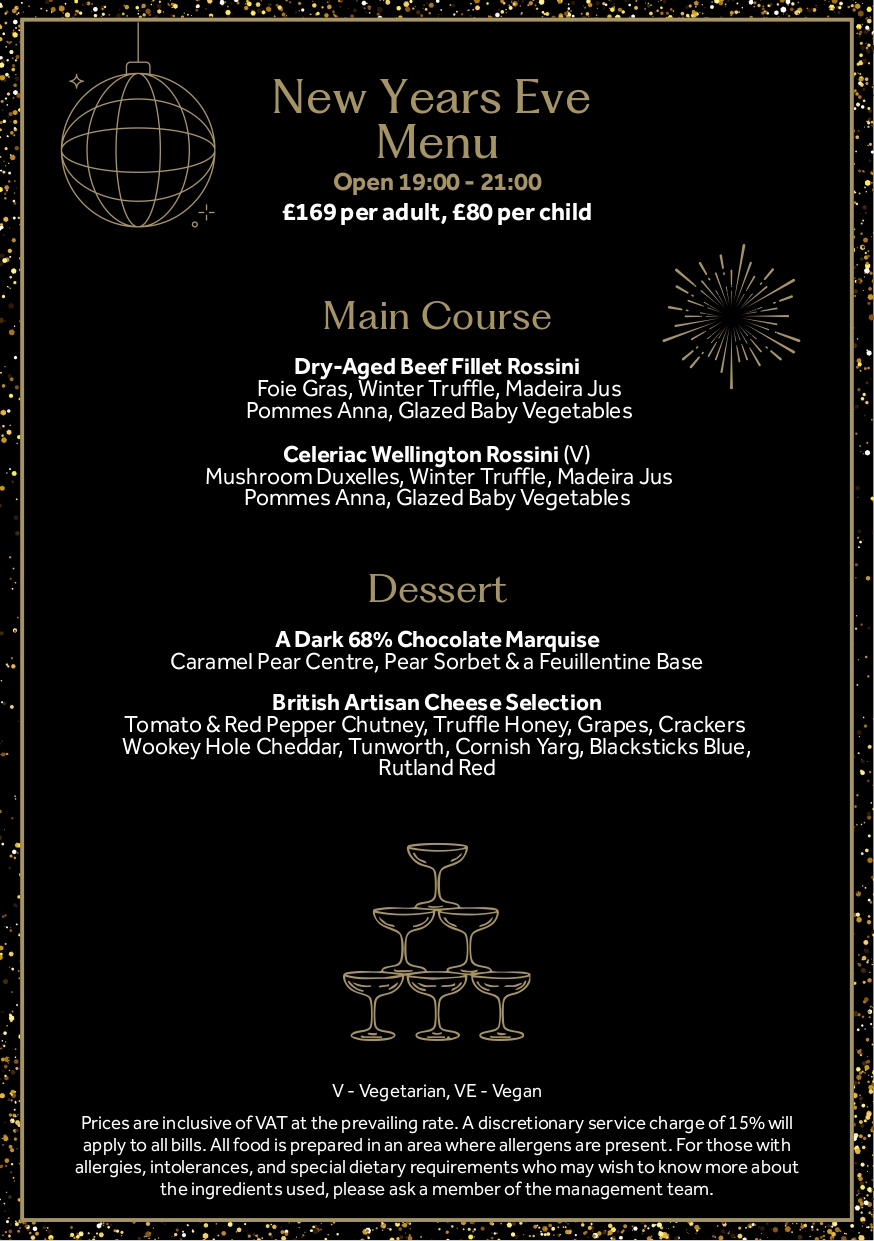 a menu with gold text and black background