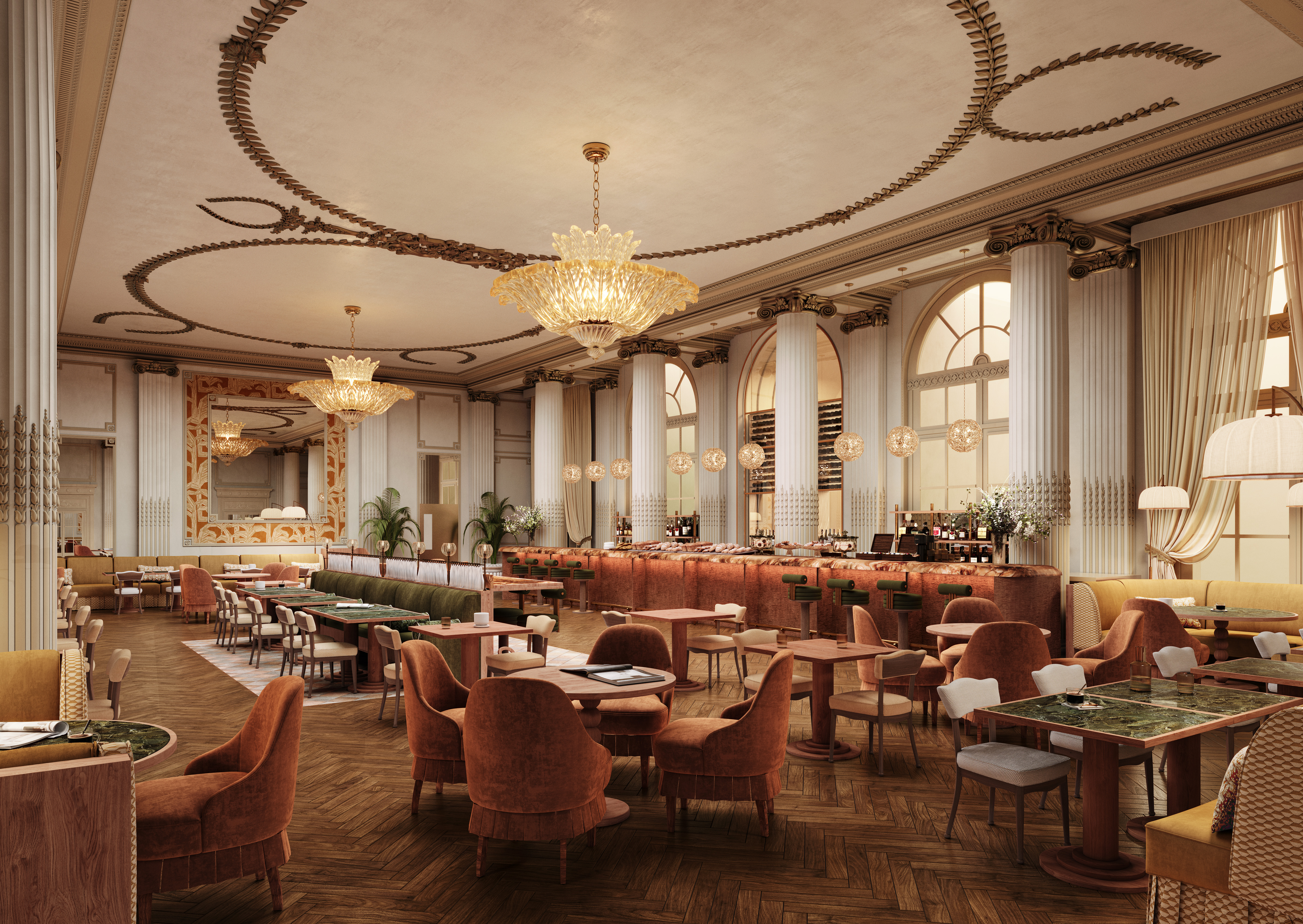 a room with tables and chairs