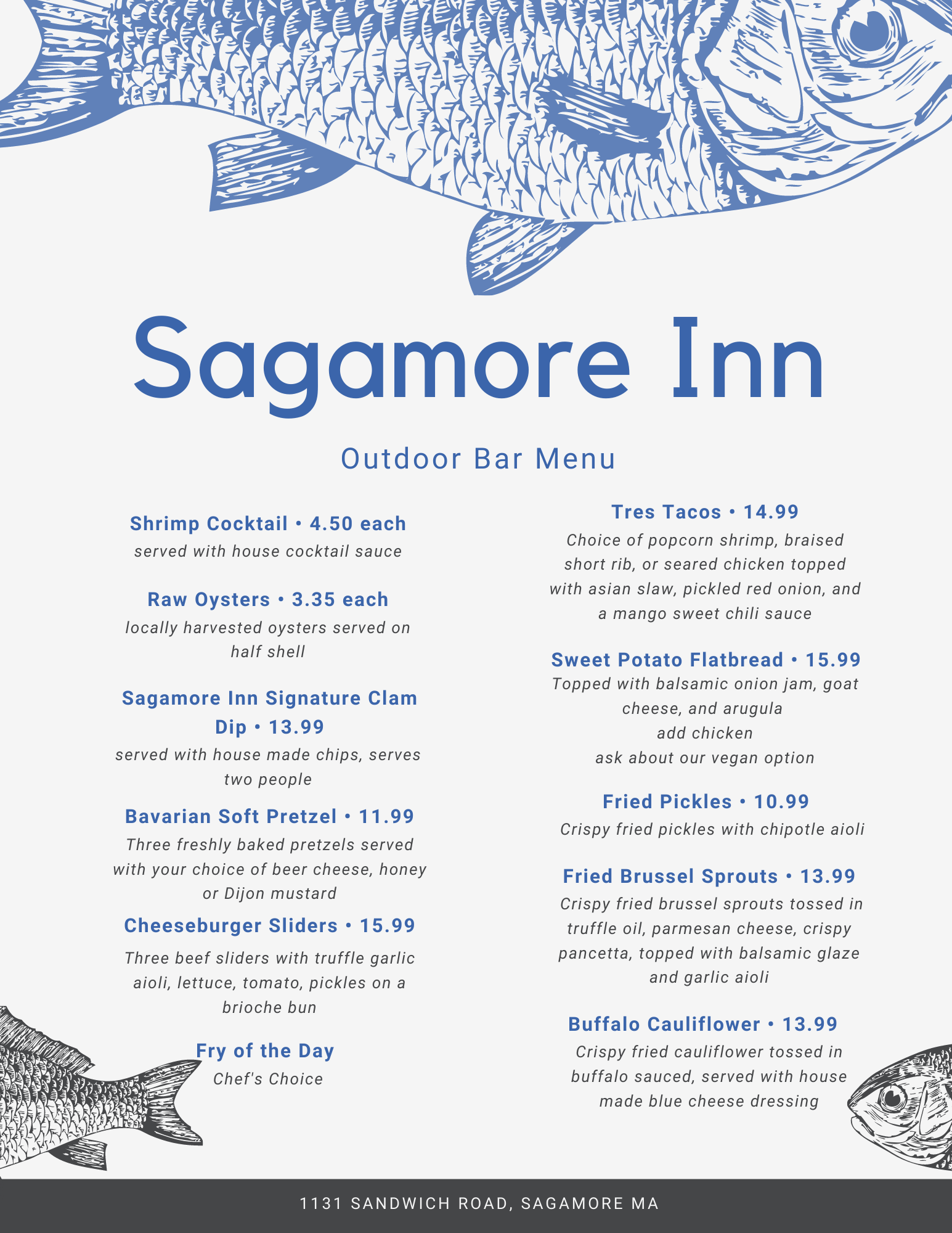 Outdoor Bar Sagamore Inn Restaurant   Blue Sketched Fish Header Seafood Menu 1 