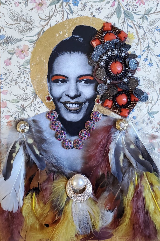 a close up of Billie Holiday in a costume