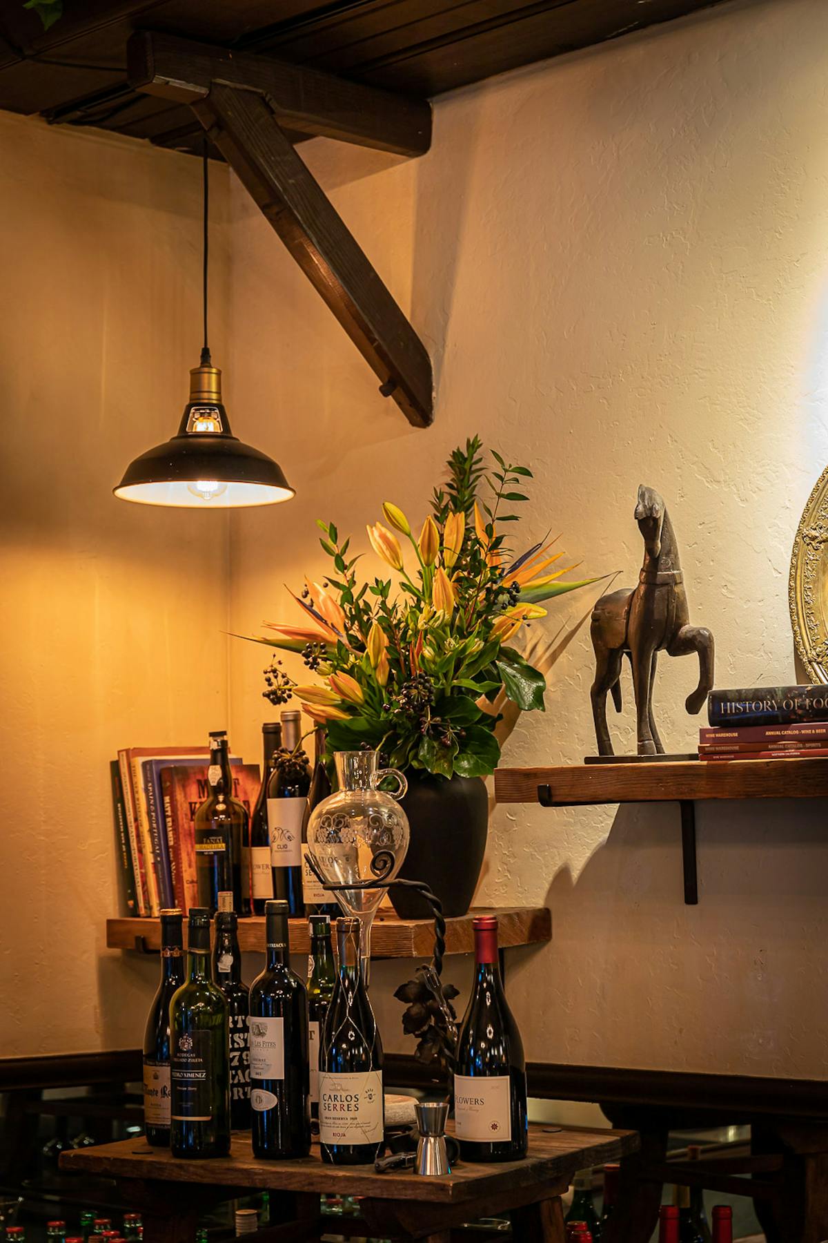 a room that has a clock on a table
