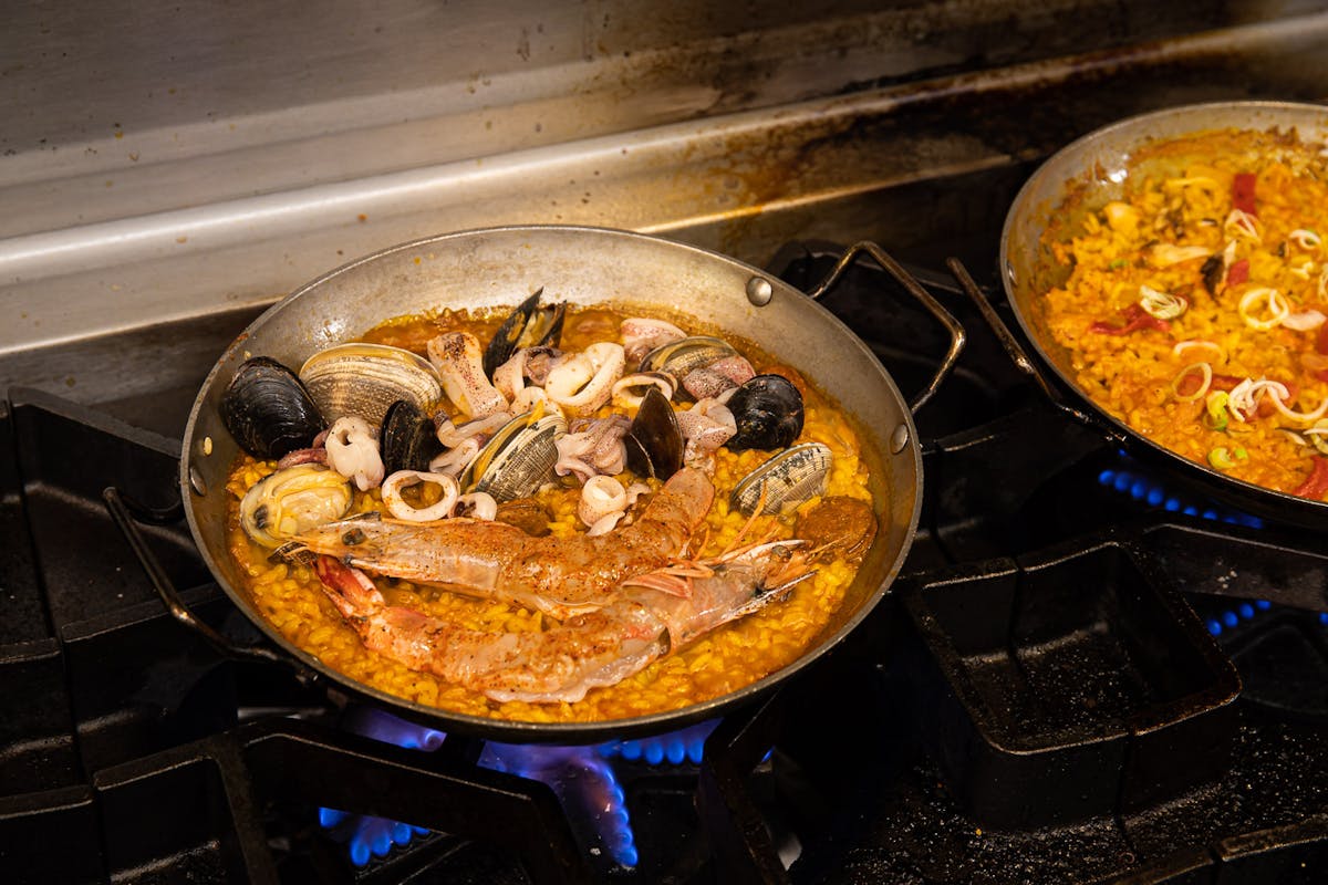 a pan of food on a stove