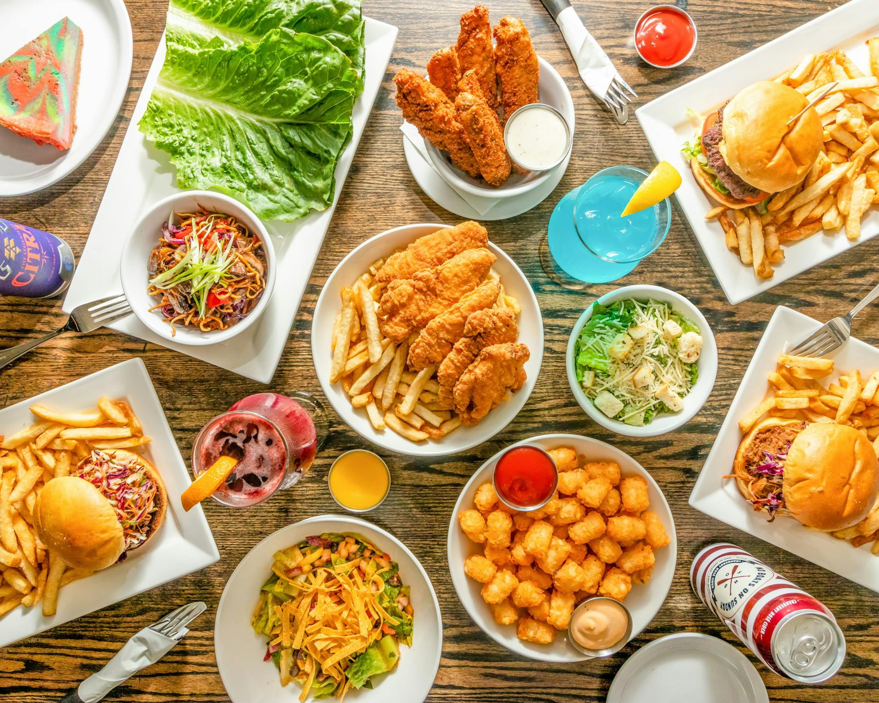 lunch or dinner table with food and drinks