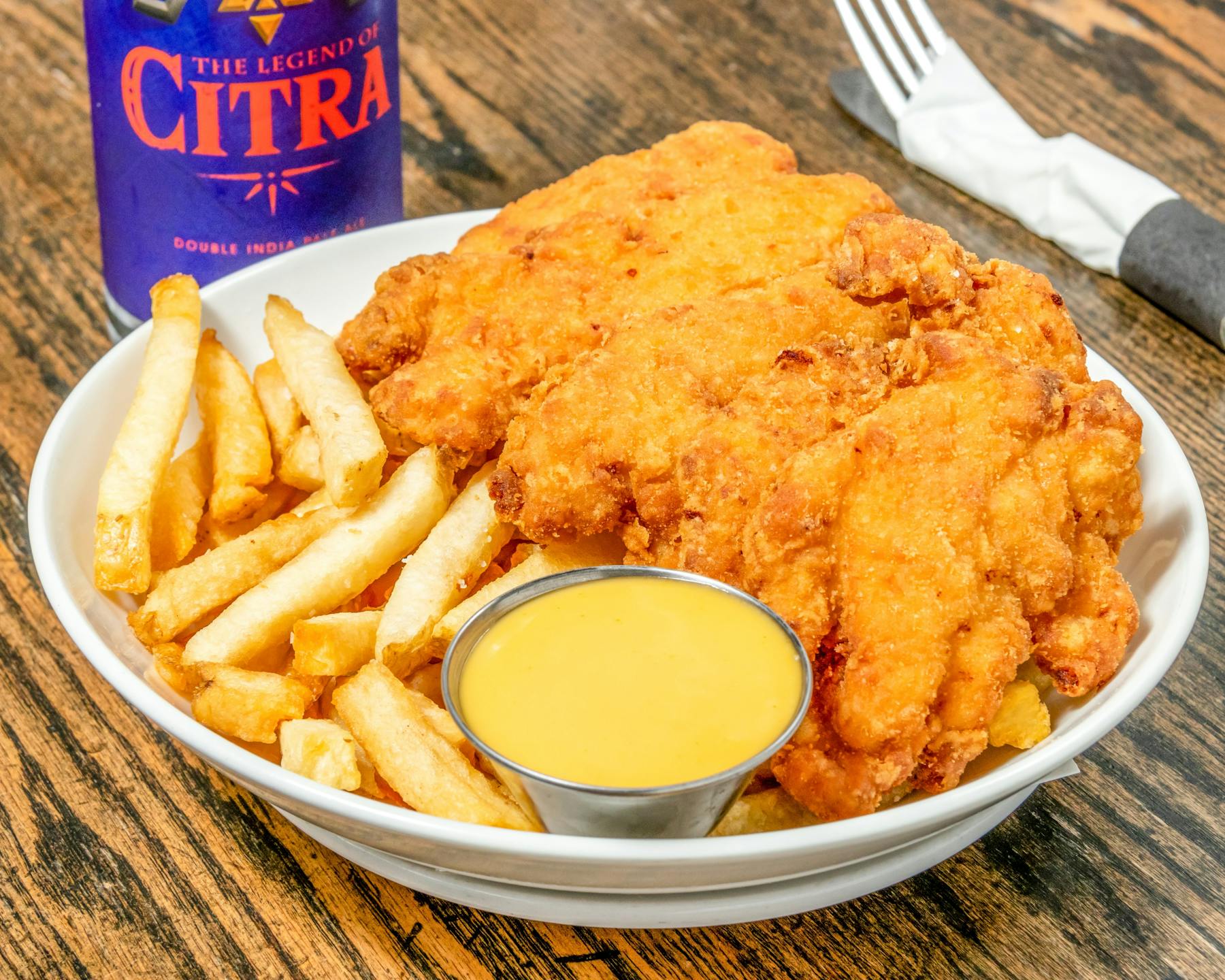 chicken fingers, fries and beer