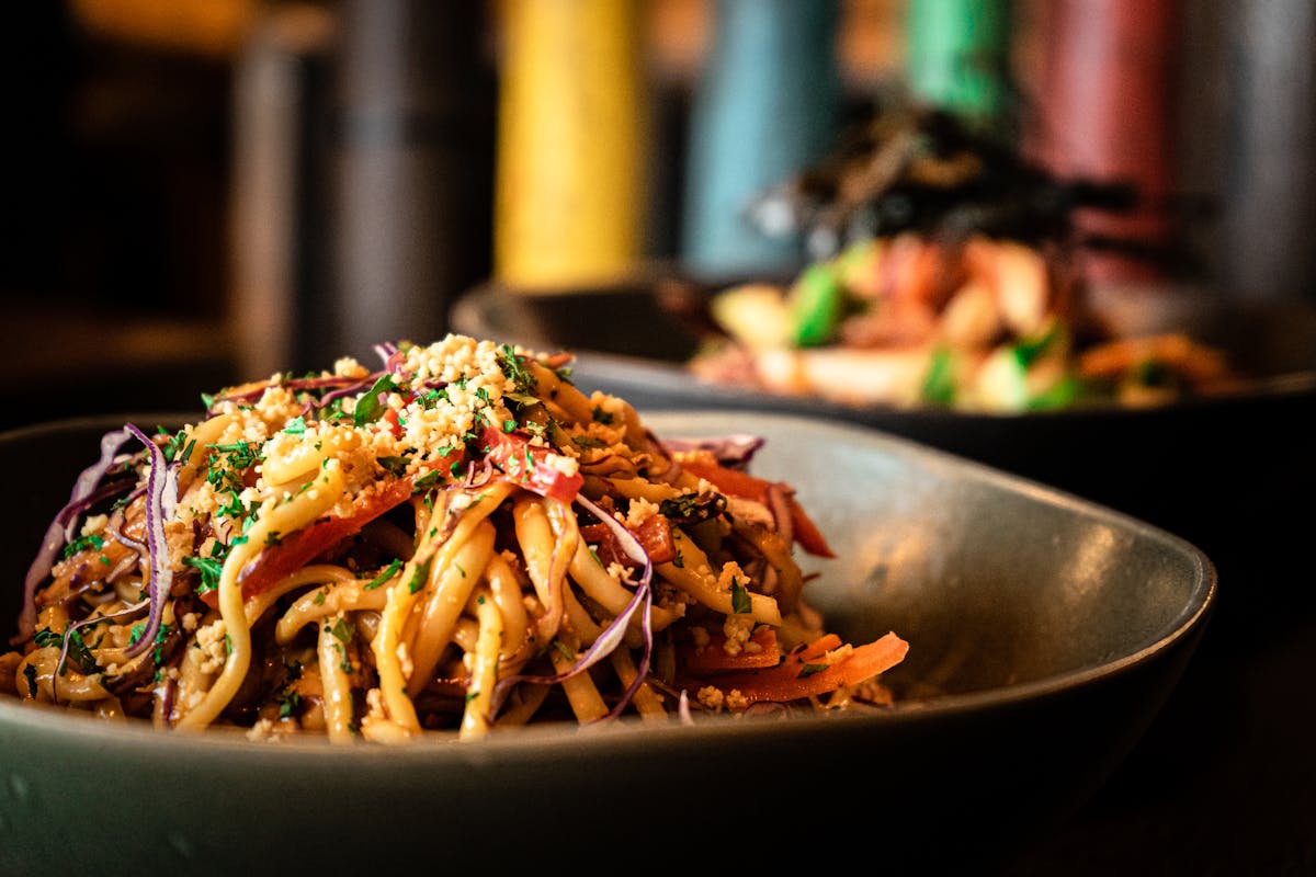healthy bowls, vegetables with noodles