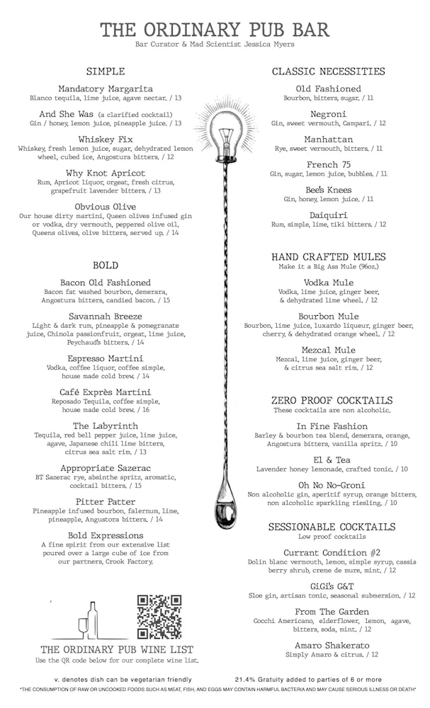 Ordinary Menu Dinner Menu | The Ordinary Pub | American Restaurant, Pub in Savannah, GA