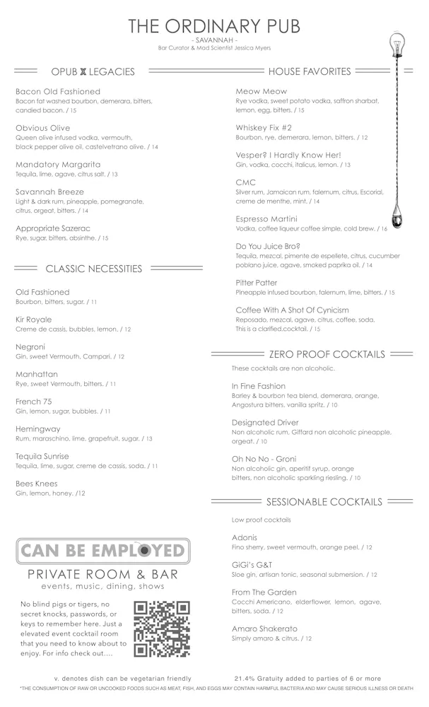 Ordinary Menu Dinner Menu | The Ordinary Pub | American Restaurant, Pub in Savannah, GA