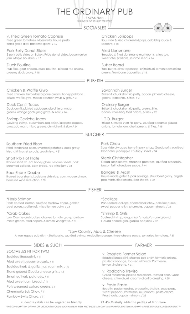 Ordinary Menu Dinner Menu | The Ordinary Pub | American Restaurant, Pub in Savannah, GA